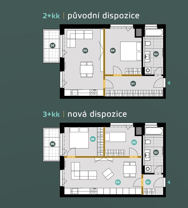 Úprava dispozice z 2+kk na 3+kk v ceně bytu 2+kk